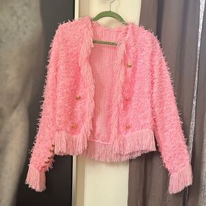 Pink Fuzzy Cardigan with Gold Buttons